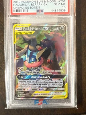 Greninja & Zoroark GX (Alternate Full Art) 201/214 Sm-Unbroken Bonds PSA 10! - Image 1 of 3