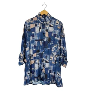 Shana Button Down Womans Blouse LG Blue Art to Wear Patchwork Wire Collar Artsy - Picture 1 of 10