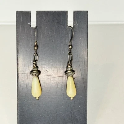 Vintage Dangle Drop Earrings Cream Teardrop Stone 925 Sterling Silver - Image 1 of 4