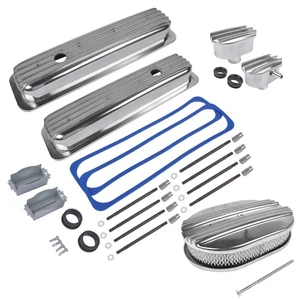 Fits SBC 350 Polished Short Valve Cover + 12" Half Finned Air Cleaner + Breather - Picture 1 of 6