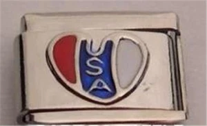 USA HEART RED WHITE BLUE ENAMEL ITALIAN CHARM 9MM DIY UNITED STATES OF AMERICA - Picture 1 of 2