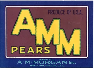 Etiqueta original de caja de pera AMM A M Morgan Inc. Portland Oregon Blue Hood River - Imagen 1 de 1