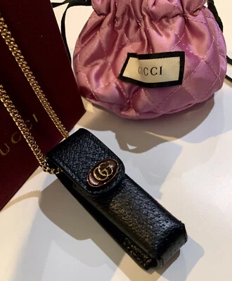 GUCCI Porte Rouges Cuero Negro Soporte Lápiz Labial Cadena Collar JUEGO COMPLETO - ¡NUEVO!! Foto 1 de 4