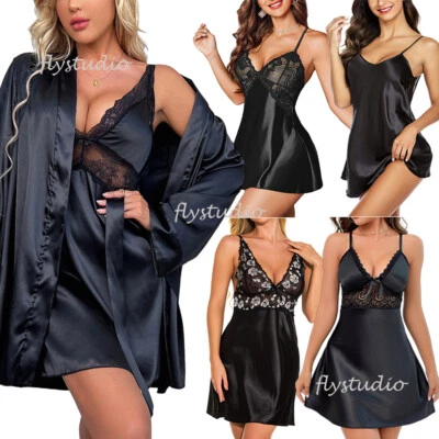 Sexy-Lencería-Mujer-Sedoso-Satén-Encaje-Batas-Eslinga-Vestido-Babydoll-Noche-Prendas de dormir Foto 1 de 4