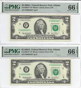 2003A $2 ATLANTA * STAR * ⭐️ FRNs. 2 PMG Gem Uncirculated 66 EPQ. SCARCE Series - Picture 1 of 2