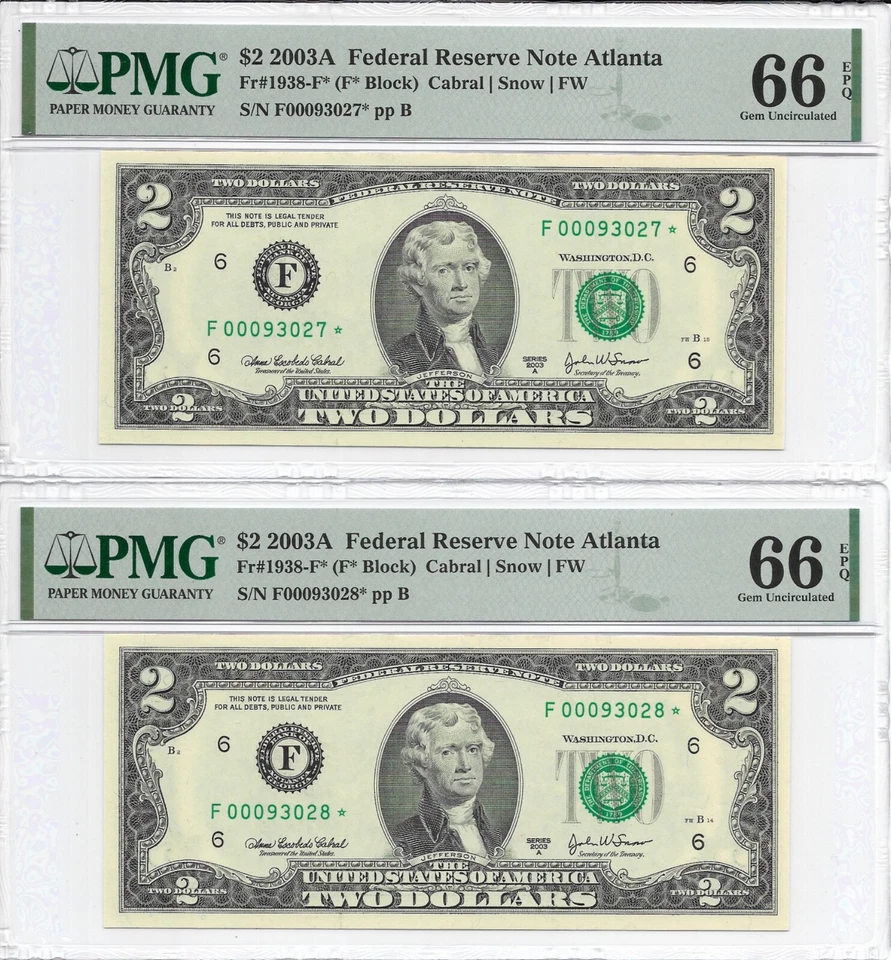 2003A $2 ATLANTA * STAR * ⭐️ FRNs. 2 PMG Gem Uncirculated 66 EPQ. SCARCE Series - Image 1 of 2
