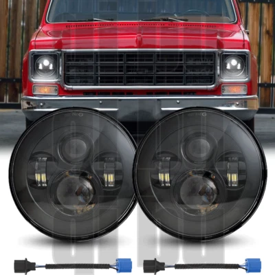 Par de faros LED redondos de 7 pulgadas de haz alto bajo negro para camioneta Chevy C10 C20 Foto 1 de 4