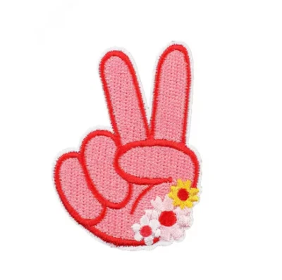 PINK PEACE HAND with FLOWERS - Embroidered Iron On Patch - FREE SHIP - Image 1 of 3