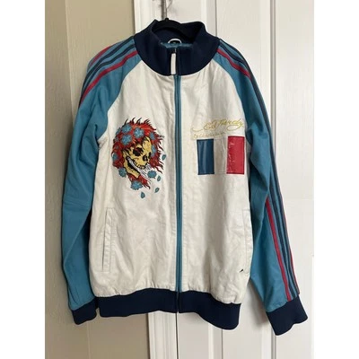 Редкий винтажный винтажный Don Ed Hardy Франции флаг череп кожаная куртка 3XL - Изображение 1 из 4