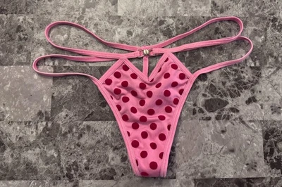 UNBRANDED WET SEAL M PINK RED VELVET POLKA DOT STRAPPY RARE V STRING PANTIES - Image 1 of 4