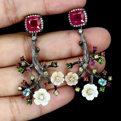 925 Sterling Silver Earrings Cushion Ruby 7mm Chrome Diopside Sapphire Gemstone - Image 1 of 4