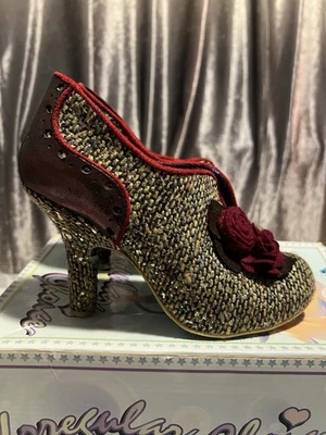 Irregular Choice Size 6 Burgundy& Tweed “Charmed” Stiletto Heels With Roses&Box - Image 1 of 4