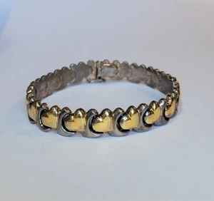 Vintage Sterling Silver With Gold Wash Hearts Linked Bracelet Made In Italy 7in - Picture 1 of 9