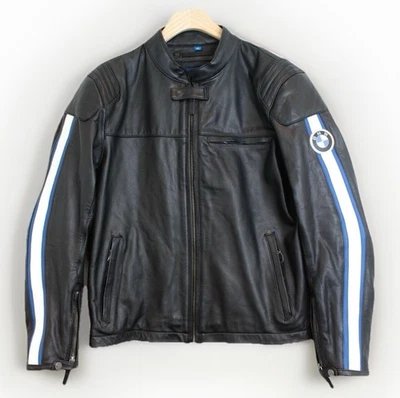 90s Jet Black BMW Motorrad TwinStripes Schwabing Racing Leather Motorbike Jacket - Image 1 of 4