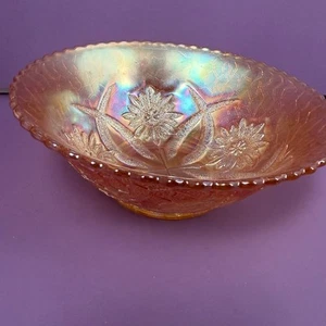 Floral Design Carnival Glass Bowl, Iridescent Marigold Orange Glass Bowl - Picture 1 of 10