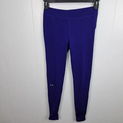 Under Armour Youth Stirrup Leggings Purple Neon Waistband ColdGear Girls  - Image 1 of 4
