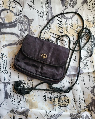 GUCCI Raro Vintage Mini Bolsa Azul Negro Monograma Seda Bolso de Hombro COMO ESTÁ Foto 1 de 4