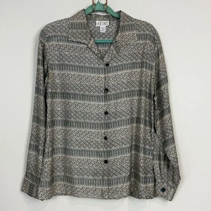 Vintage 90er Stunt Seide beige schwarz bedruckt Langarm Shirt M - Bild 1 von 9