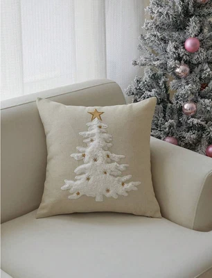 Luxury Beige Christmas Cushion Cover Embroidered White Plush Xmas Tree HomeDecor - Image 1 of 4
