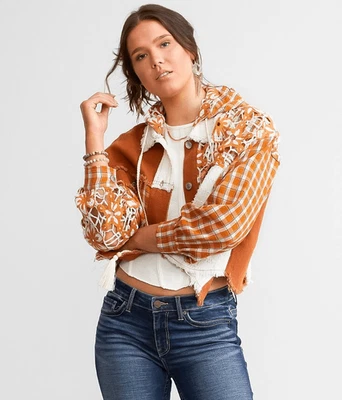 Miss Me Floral Pieced Denim Jacket size S Boho Multi Orange Hooded Crochet Cropp - Image 1 of 4