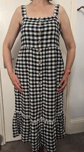 NWT Women's M&S Dress Size 12 Black Check, Strappy, Buttons, Midi, Cotton, UK12 - Picture 1 of 8