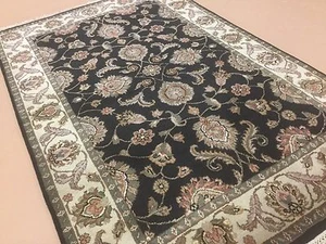 4'.0" X 6'.0" Black Beige Agra Oriental Area Rug Hand Knotted Wool Office/Study  - Picture 1 of 12