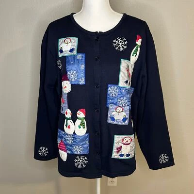Karen Scott Sport Muñeco de Nieve Apliques Botón Abajo Azul Marino Polar Suéter Talla 1X Foto 1 de 4