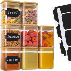VORHOT 8X 500Ml Vorratsdosen Glas Set, Gewürzgläser Eckig Holzdeckel, Vorratsglä - Bild 1 von 12