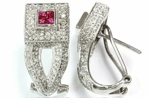 1 ctw Natural Red Ruby & Diamond Solid 14k White Gold Milgrain Omega Earrings - Picture 1 of 1