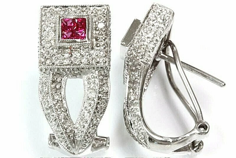 1 ctw Natural Red Ruby & Diamond Solid 14k White Gold Milgrain Omega Earrings - Image 1 of 1