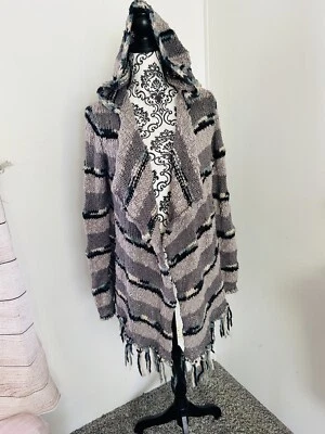 Rip Curl Women’s Striped Chunky Knit Multicolored Hooded Fringe Cardigan Size M - Image 1 of 4