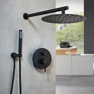 12" Schwarz Duscharmatur Set Rund Regen Auslauf Kopf Wandmontage Mischventil Wasserhahn - Bild 1 von 12