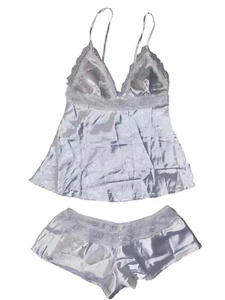 New Sz L Sexy White 2pc Lingerie Set Sleep Satiny Lace Tank Shorts Lounge Wear - Picture 1 of 10