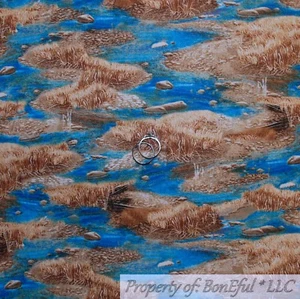BonEful FABRIC FQ Cotton Quilt Blue Water Stream Boy Scout Fish Rock Grass Hunt - Picture 1 of 12