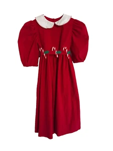 Vestido de Navidad vintage para niñas bastones de caramelo de pana roja, mangas abullonadas talla 5 - Imagen 1 de 7