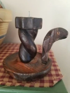 Early VINTAGE HAND CARVED WOODEN CHAMBERSTICK CANDLE HOLDER LOBECO SPAIN 5" - Picture 1 of 12