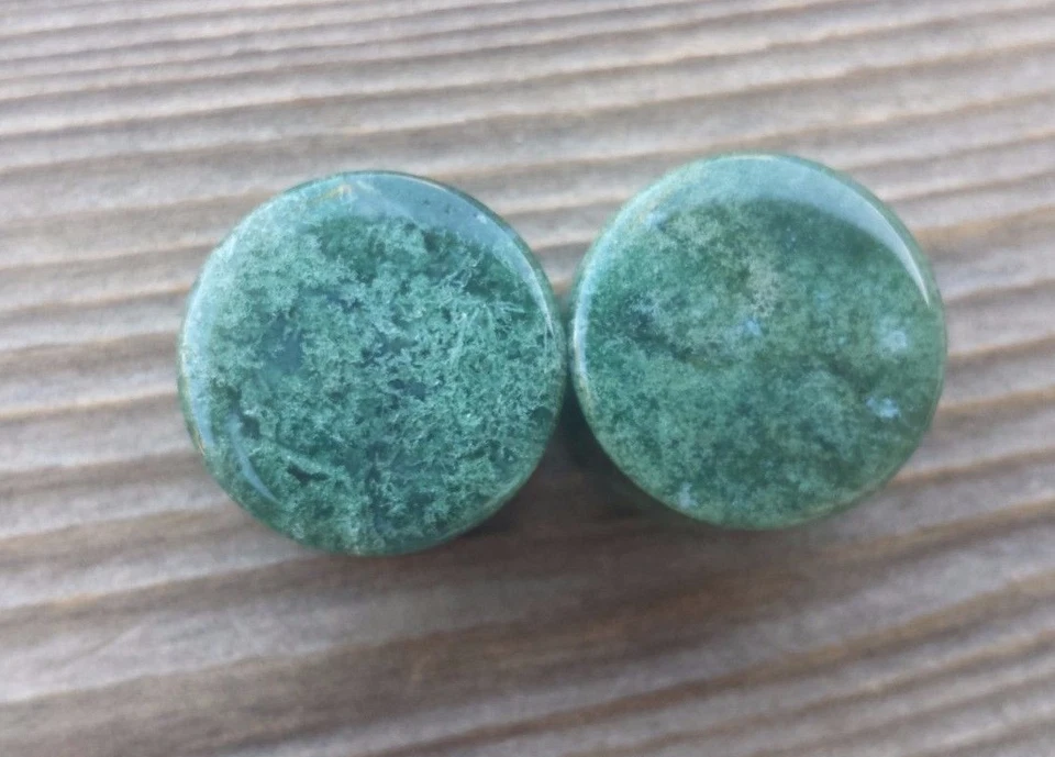 PAR DE TAPONES PLANOS DE ÁGATA MUSGO REAL MEDIDORES JOYERÍA CORPORAL DOBLE ACAMPANADO Foto 1 de 1