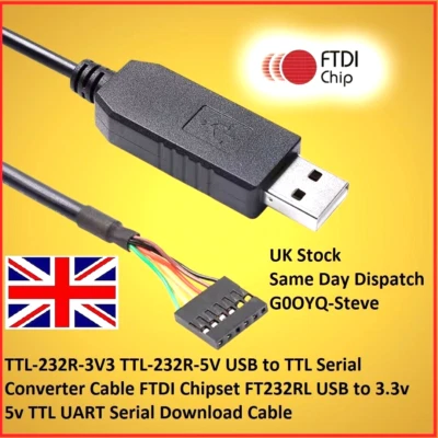 USB - TTL-232R-3V3 5v USB to TTL Serial Converter Cable FTDI Chipset FT232RL - Image 1 of 4
