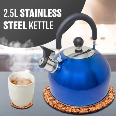 2.5L STAINLESS STEEL LIGHTWEIGHT WHISTLING KETTLE CORDLESS BOIL CAMPING BLUE TEA - Image 1 of 4