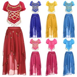 Womens Belly Dance Chiffon Skirt Sequined Crop Top Costume Dancewear Indian - Picture 1 of 75