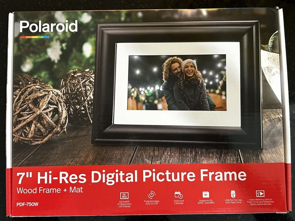 Polaroid 7” High-Res Digital Picture Frame PDF-750W Sealed Wood Frame & Mat - Image 1 of 4