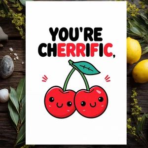 Tarjeta de felicitación You're Cherrific Cherry cumpleaños A5 linda comida divertida juego de palabras de cumpleaños - Imagen 1 de 5