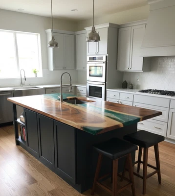 Ocean Epoxy Kitchen Island – Handmade Resin Countertop Table, Coastal Blue Wave - Image 1 of 4