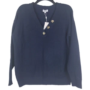 NWT 525 V-Neck Sweater Navy Blue Knit Button Accent Women's Size Medium READ - Picture 1 of 6