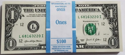 2021 Uncirculated (100) $1 One DOLLAR BILLS FRB "L" (San Francisco) BEP Strap - Image 1 of 3