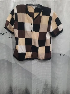 Christopher & Banks Woman's L Cotton Mix Short Sleeve Button Up Squared Pat.... - Picture 1 of 7