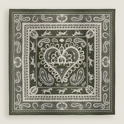 Hermes Shawl Scarf Stole Cheval de Coeur Bandana Khaki Cashmere Silk Auth New140 - Image 1 of 4