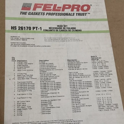 Juego de juntas de culata de motor FEL-PRO HS 26170 PT-1 Subaru H4 Select 2,5 L 1999-05 Foto 1 de 2