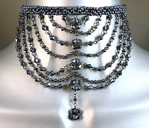Gunmetal Hematite Goth Victorian Moulin Wedding Prom Ball Glass Choker Necklace - Picture 1 of 1