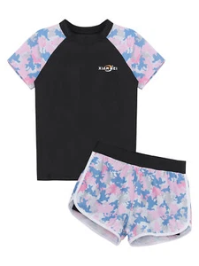 UK 2Pcs Girls Rash Guard Sun Protection Short Sleeve Swim Shirts and Shorts Set - Picture 1 of 34